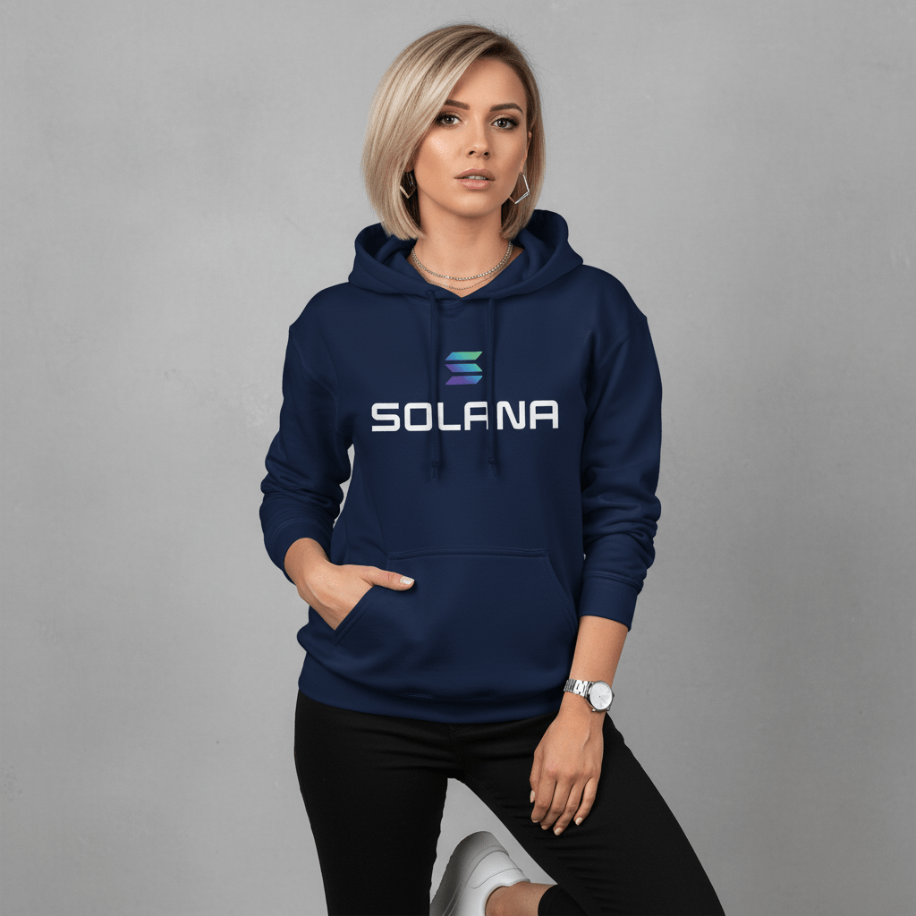 female model wearing a Solana hoodie
